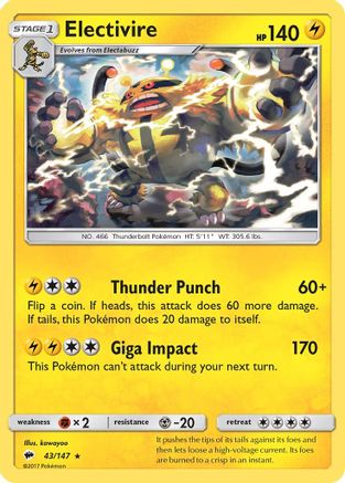 Electivire/147 - Reverse Holofoil SM Burning Shadows - Rare