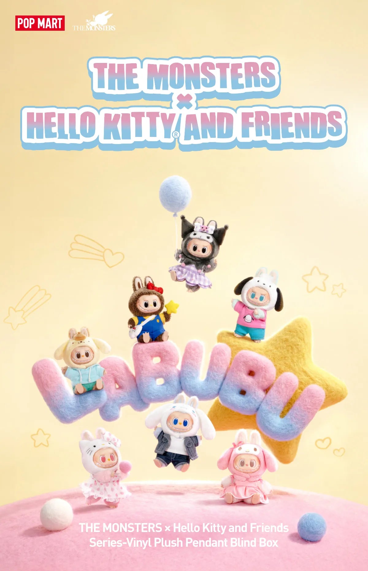 PopMart: The Monsters (Labubu) x Hello Kitty & Friends - Vinyl Face Plush Pendant Blind Box *PREORDER*