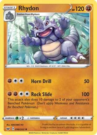 Rhydon 098 - Reverse Holofoil SWSH01 Sword & Shield Base Set - Uncommon