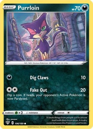 Purrloin 106 - Reverse Holofoil SWSH03 Darkness Ablaze - Common