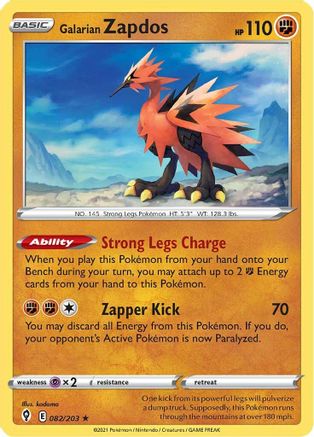 Galarian Zapdos 082 - Reverse Holofoil SWSH07 Evolving Skies - Holo Rare