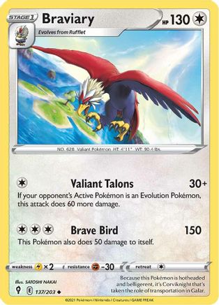 Braviary 137 - Reverse Holofoil SWSH07 Evolving Skies - Uncommon