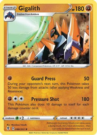 Gigalith 088 - Reverse Holofoil SWSH07 Evolving Skies - Rare