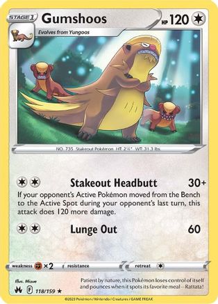 Gumshoos 118 - Reverse Holofoil Crown Zenith - Rare