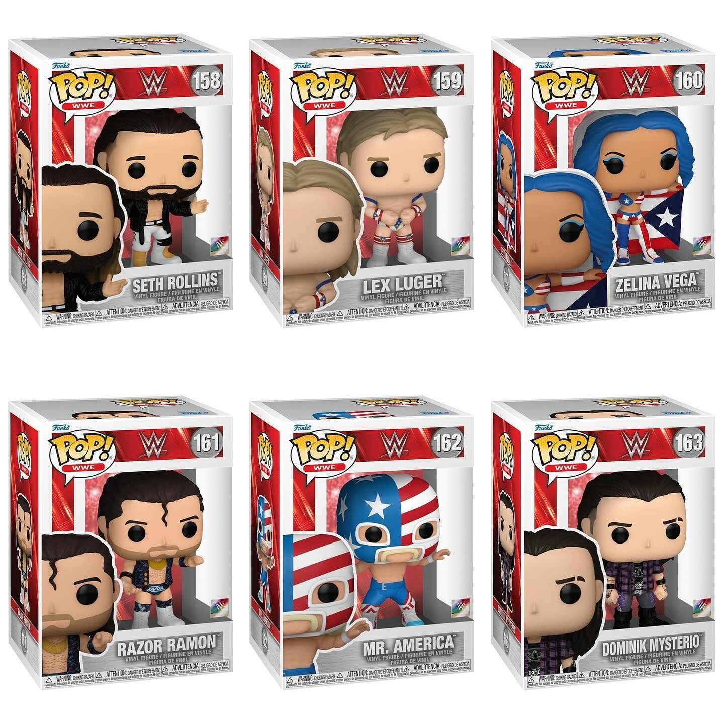 Funko Pop! Sports: WWE - Seth Rollins #158 / Lex Luger #159 / Zelina Vega #160 / Razor Ramon #161 / Mr. America #162 / Dominik Mysterio #163 *PREORDER*
