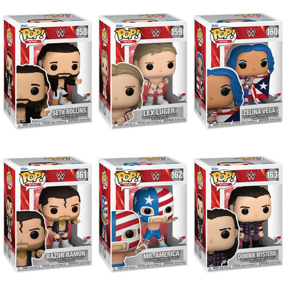 Funko Pop! Sports: WWE - Seth Rollins #158 / Lex Luger #159 / Zelina Vega #160 / Razor Ramon #161 / Mr. America #162 / Dominik Mysterio #163 *PREORDER*