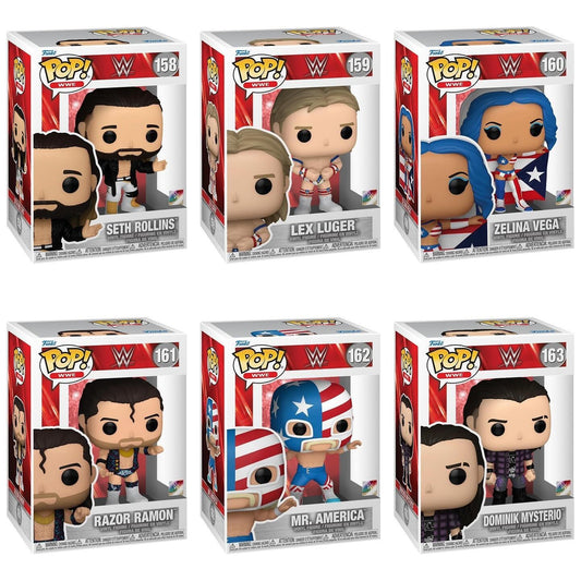 Funko Pop! Sports: WWE - Seth Rollins #158 / Lex Luger #159 / Zelina Vega #160 / Razor Ramon #161 / Mr. America #162 / Dominik Mysterio #163 *PREORDER*