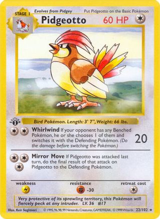 Pidgeotto/102  - Unlimited Base Set Shadowless - Rare