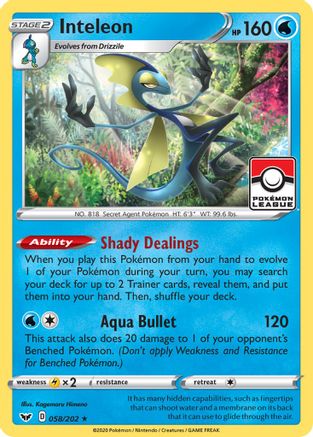Inteleon (Pokemon League) 058/202  - Reverse Holofoil League & Championship Cards - Promo