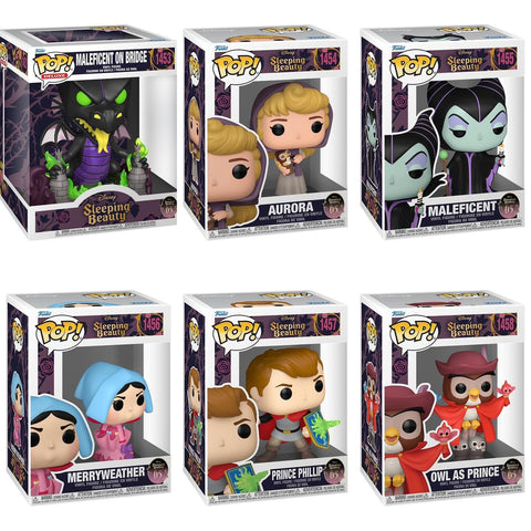 Funko Pop! Disney Sleeping Beauty MALEFICENT ON BRIDGE #1453 - AURORA WITH OWL #1454 - MALEFICENT WITH CANDLE #1455 - MERRYWEATHER #1456 - PRINCE PHILIP #1457- OWL AS PRINCE #1458