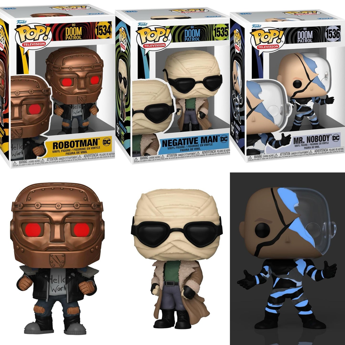 Funko Pop! DC: Doom Patrol - Robotman / Negative Man / Mr. Nobody [GITD]