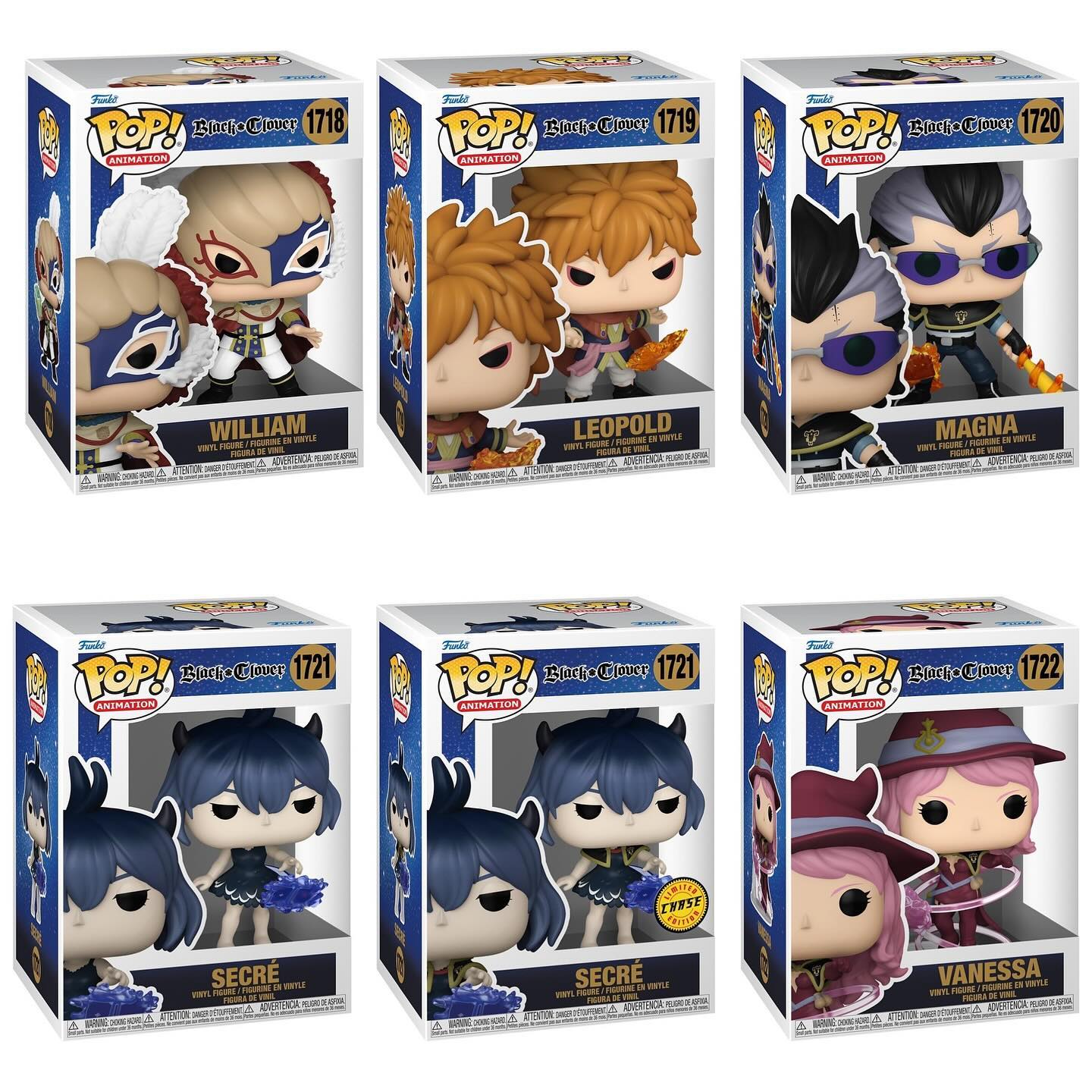 Funko Pop! Anime: Black Clover - William Vangeance #1718 / Leopold Vermillion #1719 / Magna Swing #1720 / Secre #1721 / Vanessa Enoteca #1722 **PREORDER**