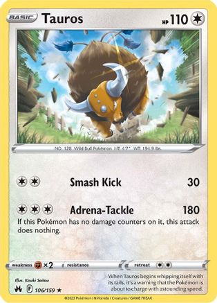 Tauros 106  - Reverse Holofoil Crown Zenith - Rare