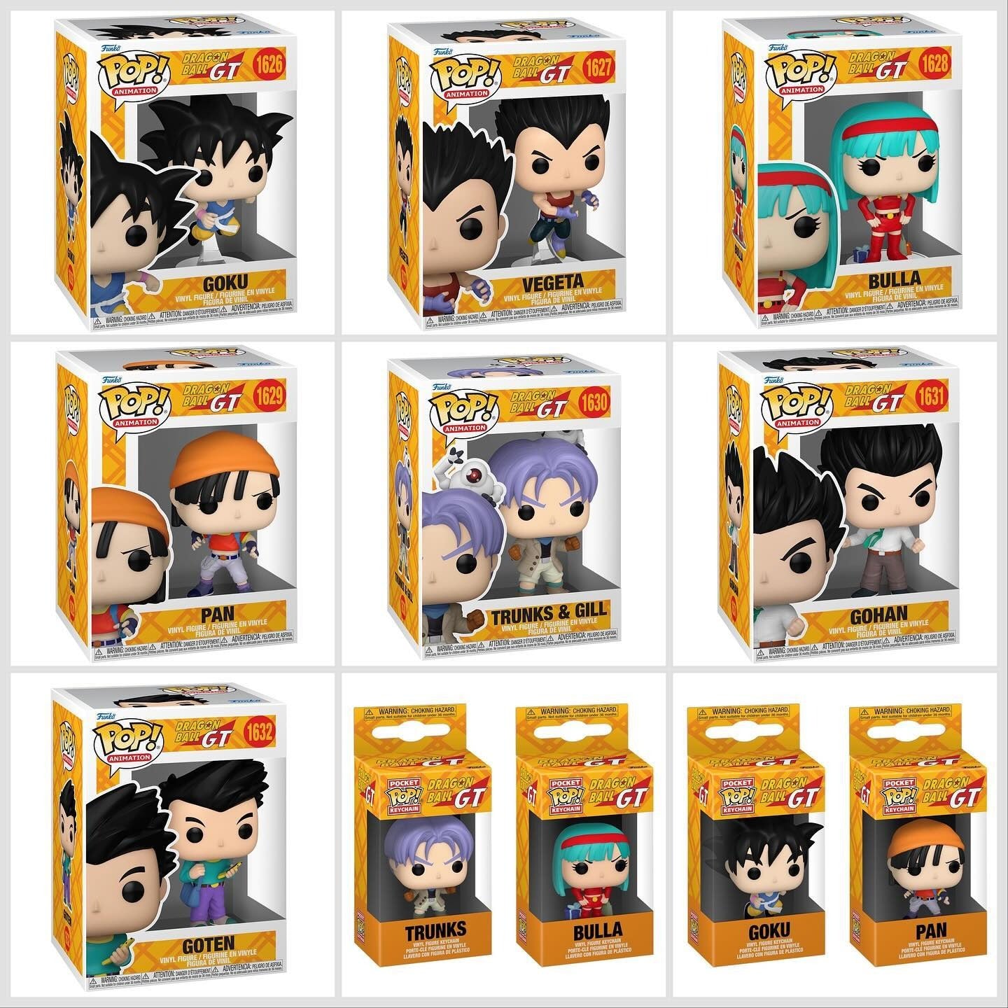 Funko Pop! Anime: Dragon Ball GT - Goku #1626 / Vegeta #1627 / Bulla #1628 / Pan #1629 / Trunks & Gill #1630 / Gohan #1631 / Goten #1632 / Pocket Pop! Keychains *PREORDER*