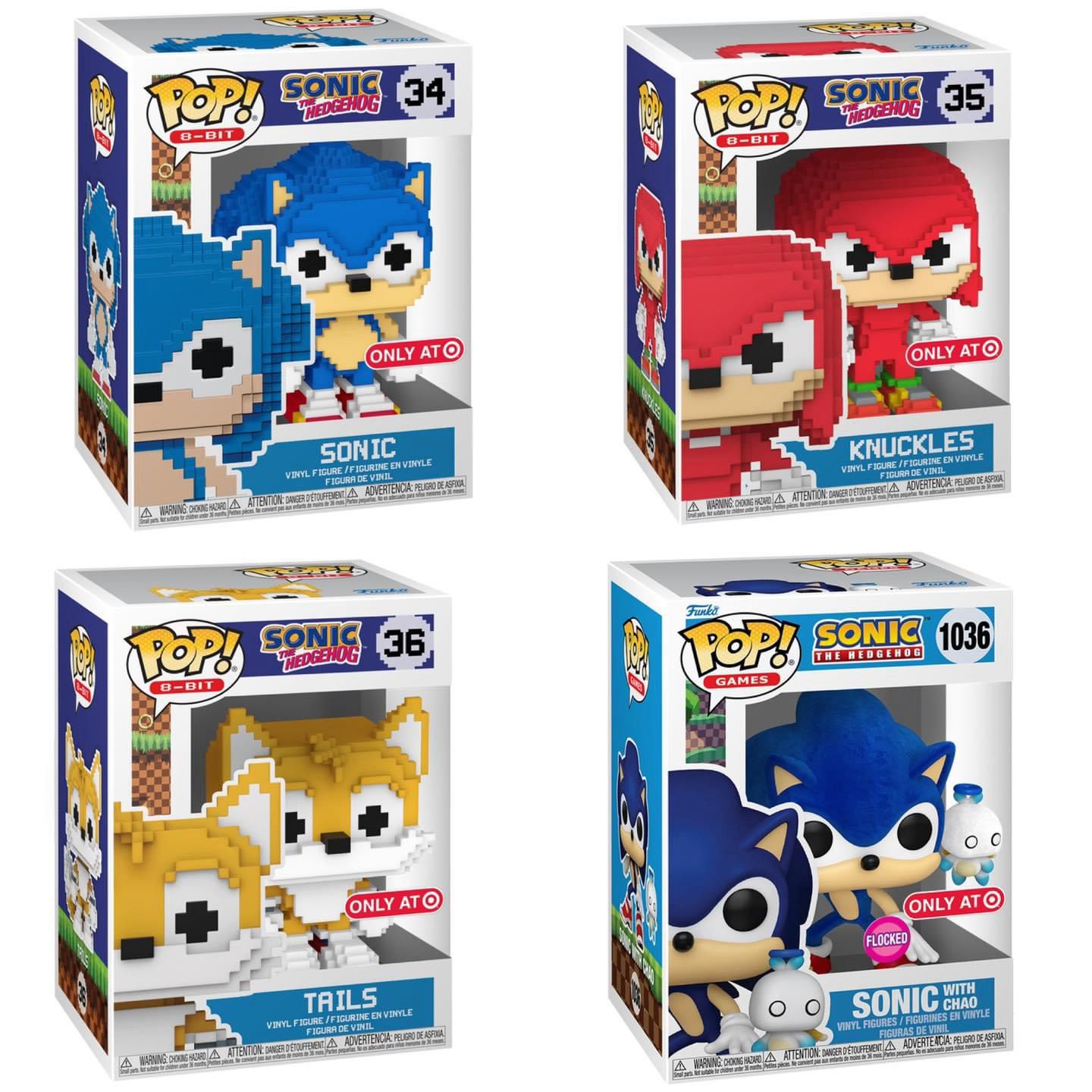 Funko Pop! Games: Sonic The Hedgehog - Sonic (8-Bit) / Knuckles (8-Bit) / Tails (8-Bit) / Sonic with Chao (Flocked) *PREORDER*