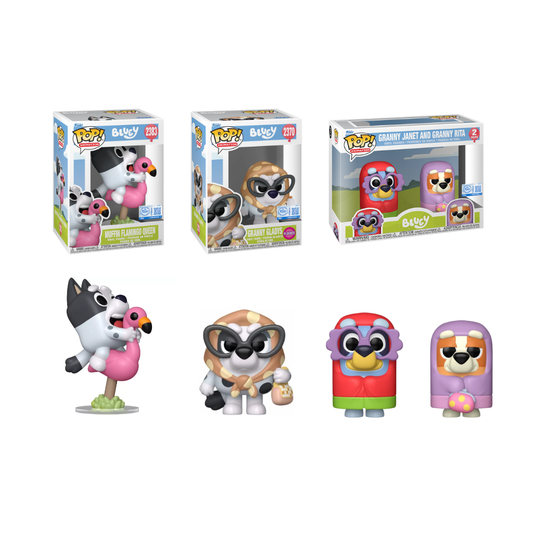Funko Pop! Animation: Bluey - Muffin Flamingo Queen / Granny Gladys (Flocked) / Granny Janet And Granny Rita 2pk *PREORDER*