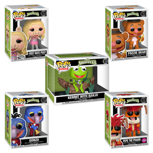 Funko Pop! Television: The Muppets - Deluxe Kermit with Banjo / First Mate Piggy / Fozzie Bear / Gonzo / Pepe The Prawn (Flocked) *PREORDER*