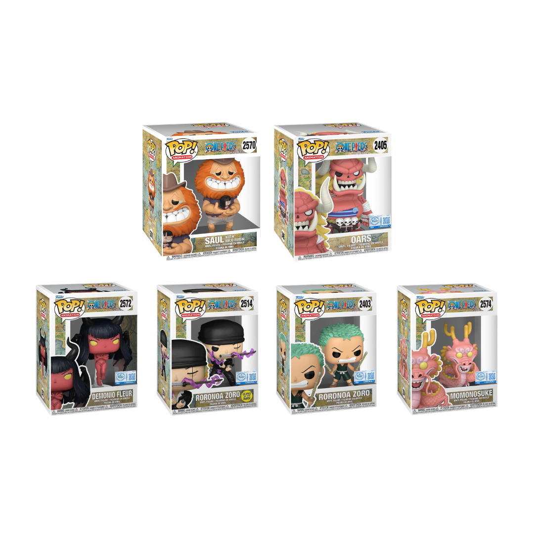 Funko Pop! Anime: One Piece - Saul / Oars / Demonio Fleur / Zoro (Dressrosa) / Zoro (Kid) / Momonosuke *PREORDER*
