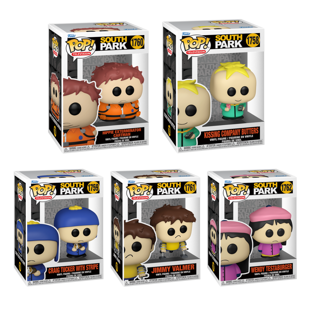 Funko Pop! Television: South Park - Hippie Exterminator Cartman / Kissing Company Butters / Craig Tucker With Stripe / Jimmy Valmer / Wendy Testaburger