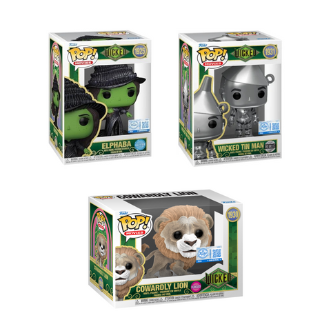 Funko Pop! Movies: Wicked - Elphaba with Grimmerie (Glitter) / Wicked Tin Man (Metallic) / Cowardly Lion (Flocked) *PREORDER*