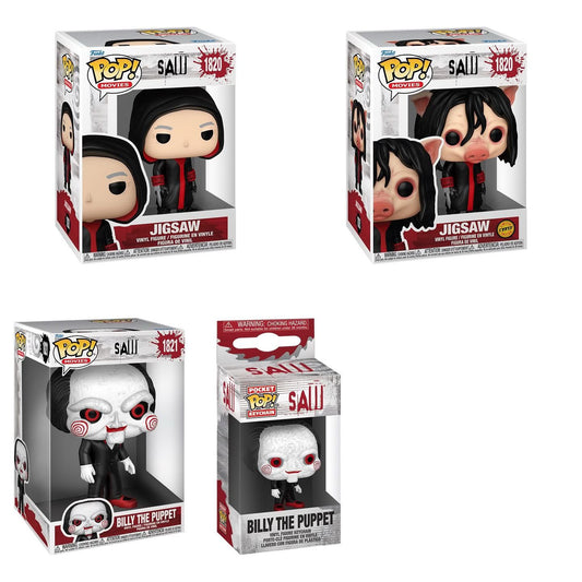 Funko Pop! Movies: Saw - Jigsaw #1820 / Jumbo 10" Billy The Puppet / Billy The Puppet Keychain