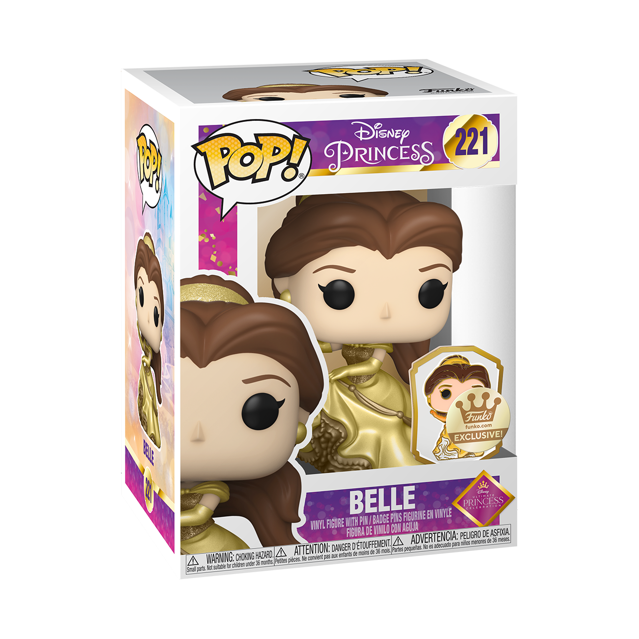 FUNKO POP! Disney Ultimate Princess BELLE GOLD with PIN #221 [FUNKO SHOP EXCLUSIVE]