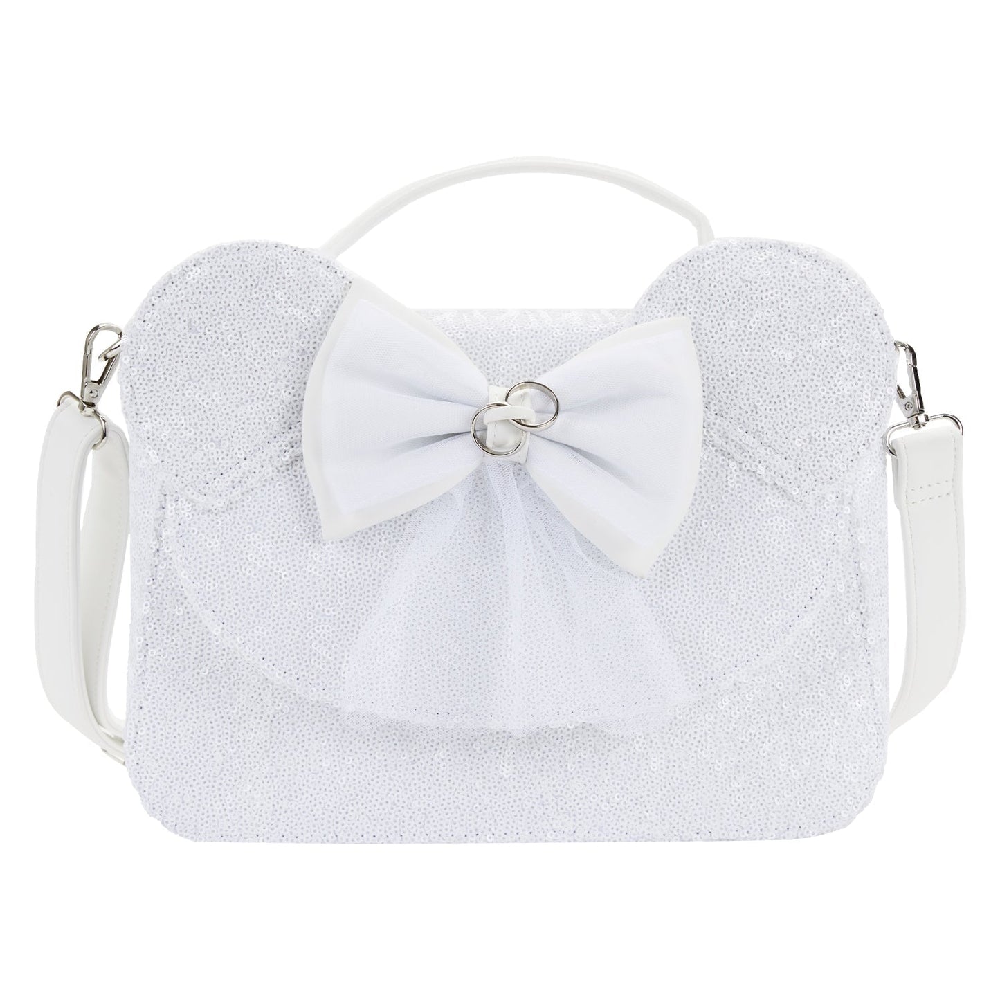 LOUNGEFLY DISNEY MINNIE MOUSE SEQUIN WEDDING CROSSBODY NWT WHITE