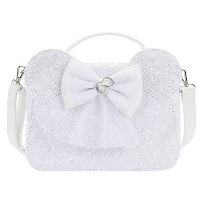 LOUNGEFLY DISNEY MINNIE MOUSE SEQUIN WEDDING CROSSBODY NWT WHITE