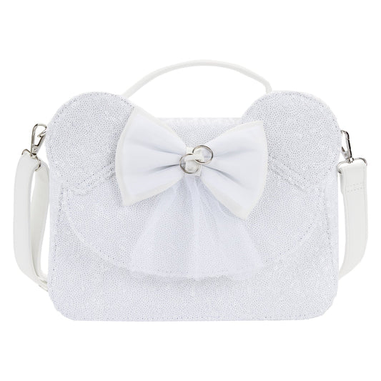LOUNGEFLY DISNEY MINNIE MOUSE SEQUIN WEDDING CROSSBODY NWT WHITE