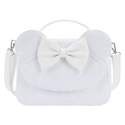 LOUNGEFLY DISNEY MINNIE MOUSE SEQUIN WEDDING CROSSBODY NWT WHITE
